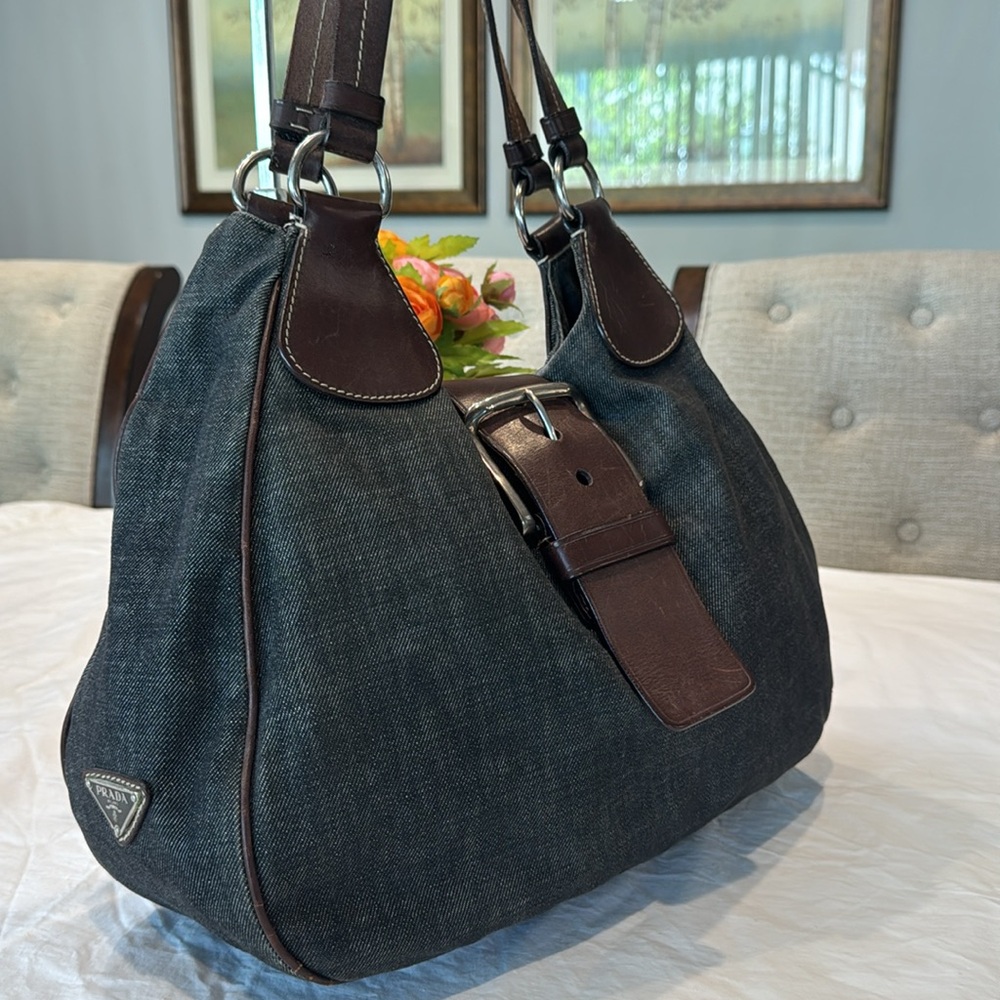Authentic Prada Dark Denim and Brown Hobo Shoulder Bag - Picture 2 of 16